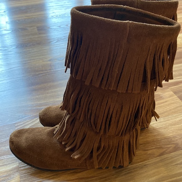 Minnetonka Brown 3 Layer Suede Fringe Boots Size 9 - Picture 6 of 13